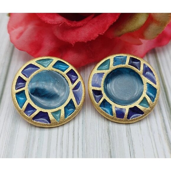 Vintage Xeja Brushed Gold Tone & Enamel Round Earrings 90's Signed 1.25" Pierced - Picture 1 of 6